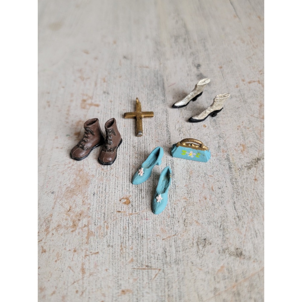 Vintage mini metal dollhouse cross shoe boot church set accessory Sunday best